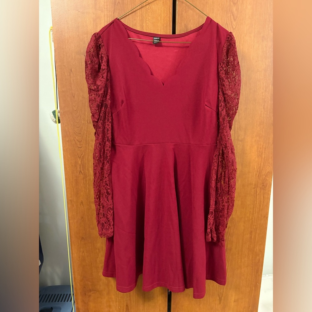 SHEIN Red Lace Sleeve Dress – Fit & Flare – Size L